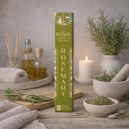 Rosemary essential oil incense sticks with packaging in a styled setup