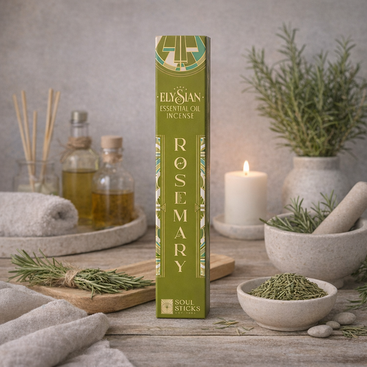Rosemary essential oil incense sticks with packaging in a styled setup