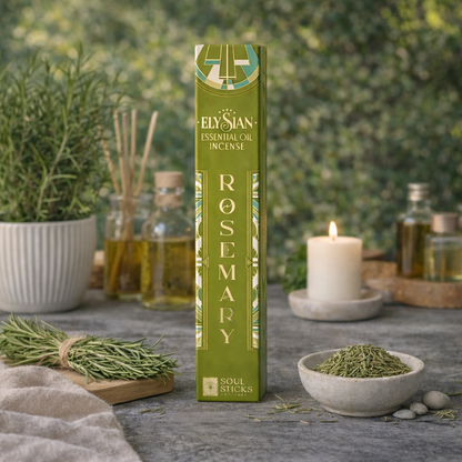 Close-up of rosemary incense sticks and packaging