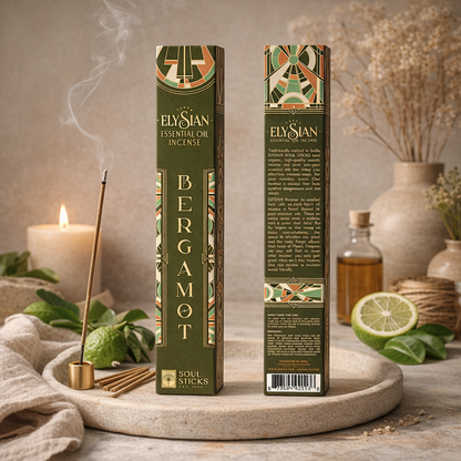 Bergamot essential oil incense sticks with packaging in a styled setup
