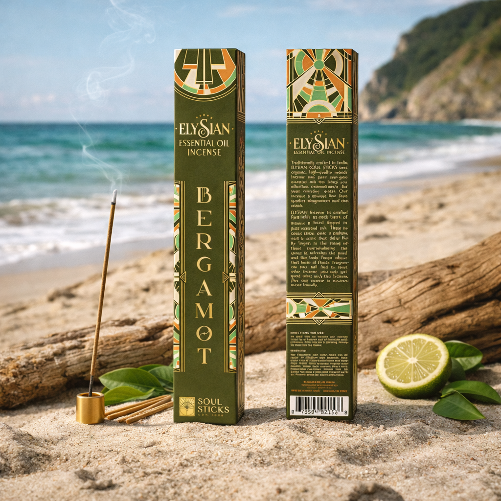 Close-up of bergamot incense sticks and packaging