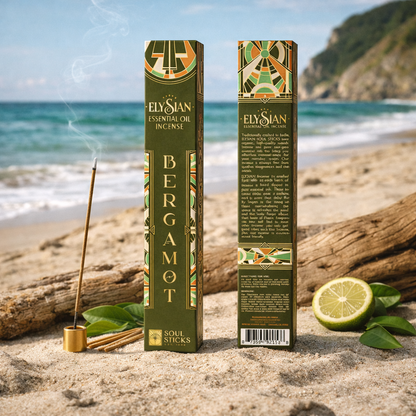 Close-up of bergamot incense sticks and packaging