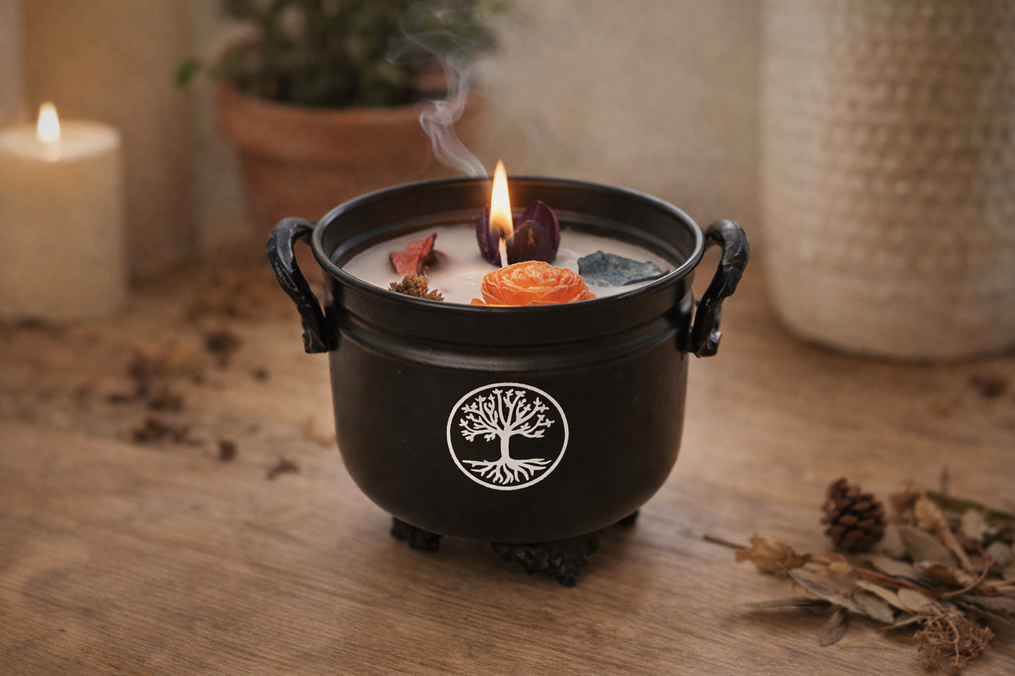 White Sage Tree of Life Cauldron Candle, 11.5 oz