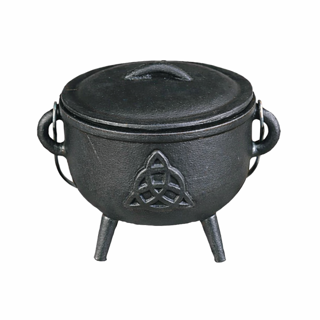 Top view of the cast iron cauldron with lid & carry handle for rituals with lid