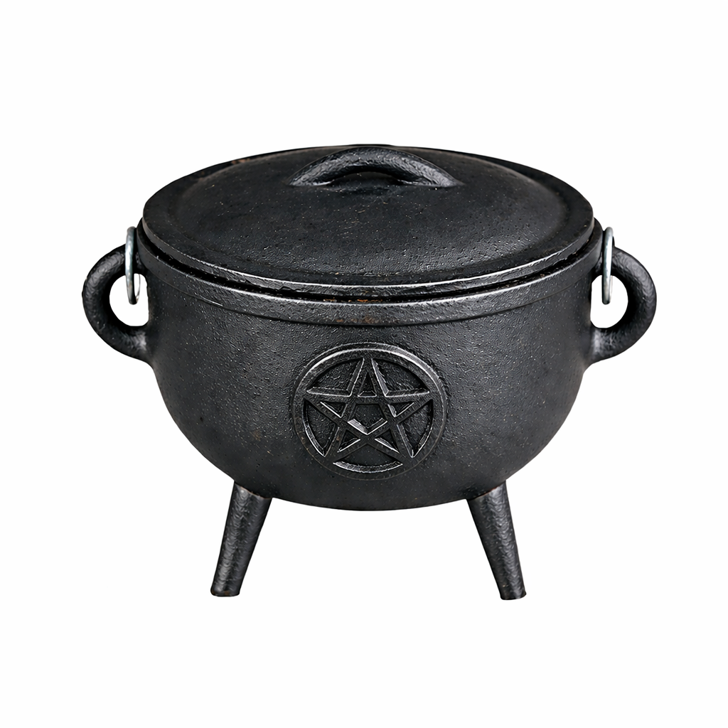 Close-up of the cast iron cauldron with lid & carry handle for rituals details