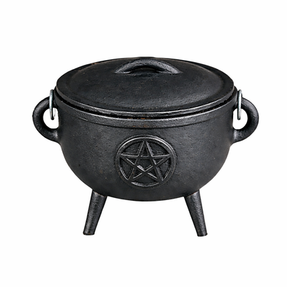 Close-up of the cast iron cauldron with lid & carry handle for rituals details
