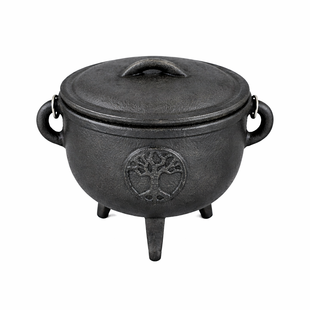 Cast Iron Cauldron with Lid & Carry Handle for Rituals styled in a ritual setting