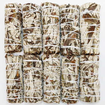 Multiple bundles of incense sticks tied together with white string on a white background