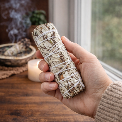 Hand holding a smoldering sage bundle with a blurred indoor background