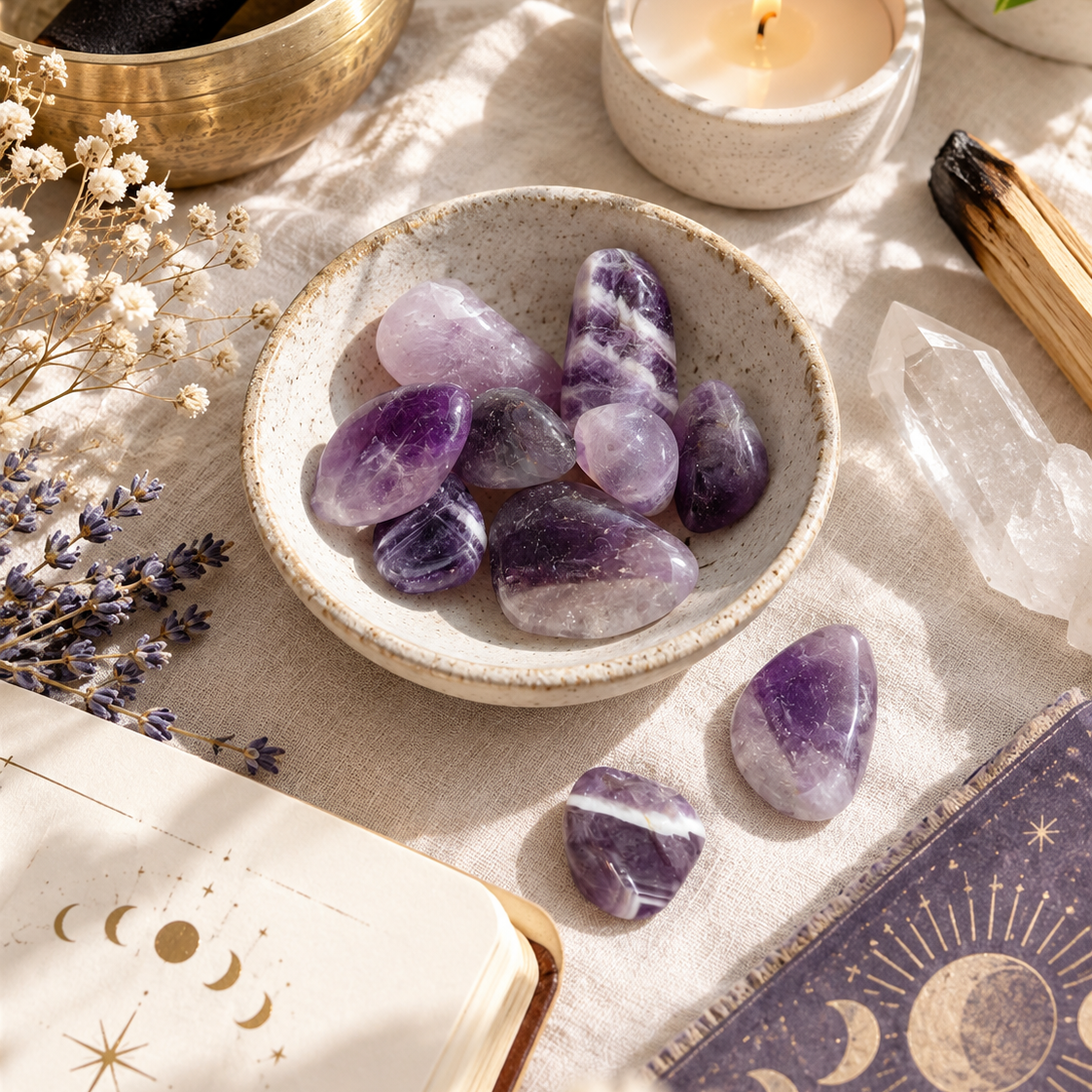 A styled flat-lay featuring polished purple amethyst tumbled stones in a speckled beige ceramic bowl, surrounded by a brass singing bowl, a lit candle, dried flowers, crystals, and a moon-themed notebook.