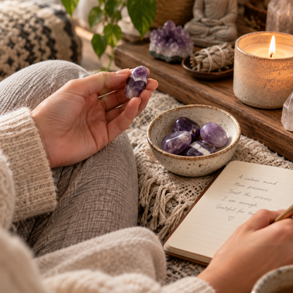 A cozy lifestyle scene showing a person holding a polished purple amethyst crystal. The setting includes a ceramic bowl of crystals, a notebook with handwritten notes, a lit candle, and other boho decor in the background.