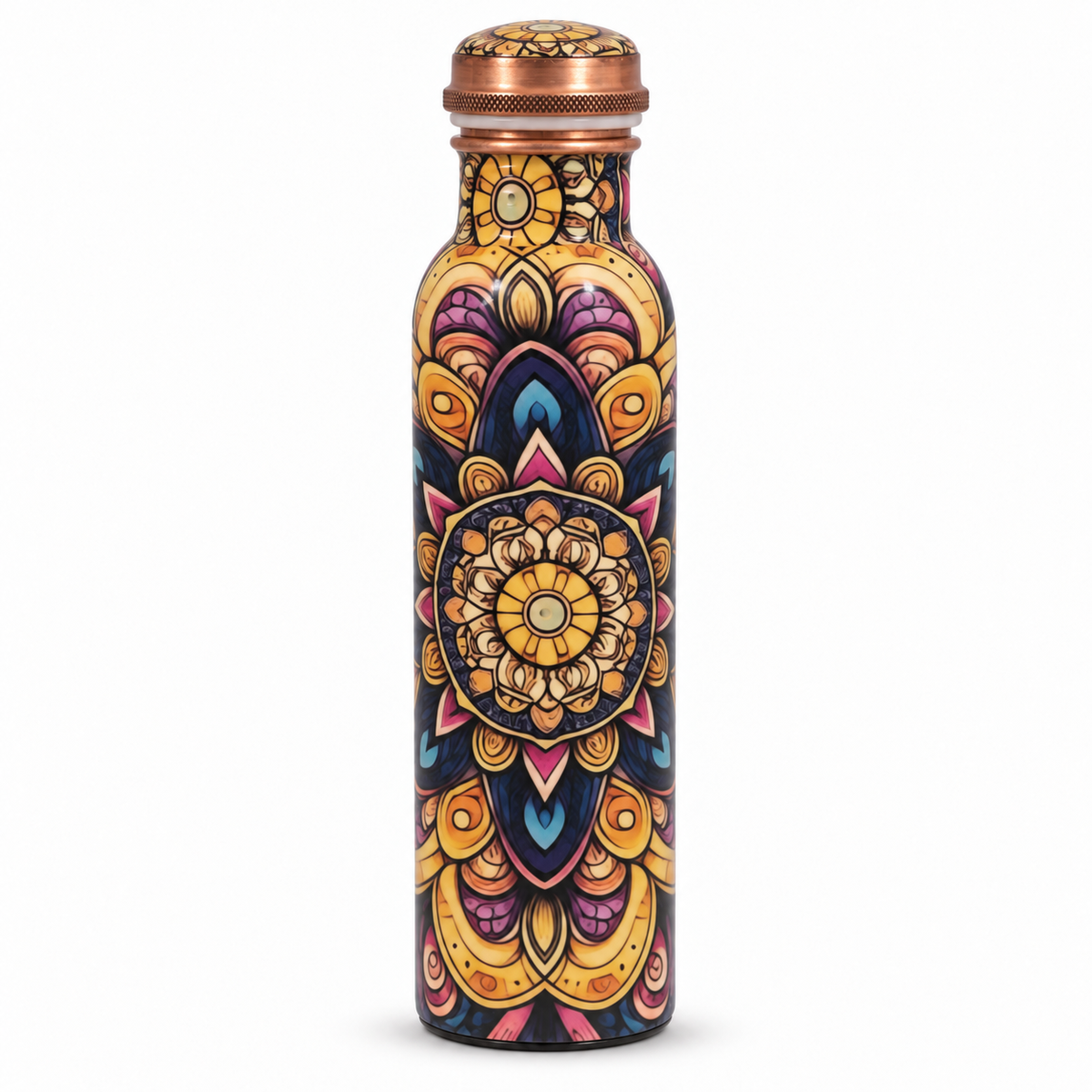 A tall stainless steel water bottle with a copper-colored screw cap, decorated with a vibrant, symmetrical mandala pattern in gold, yellow, orange, pink, and blue on a dark background.