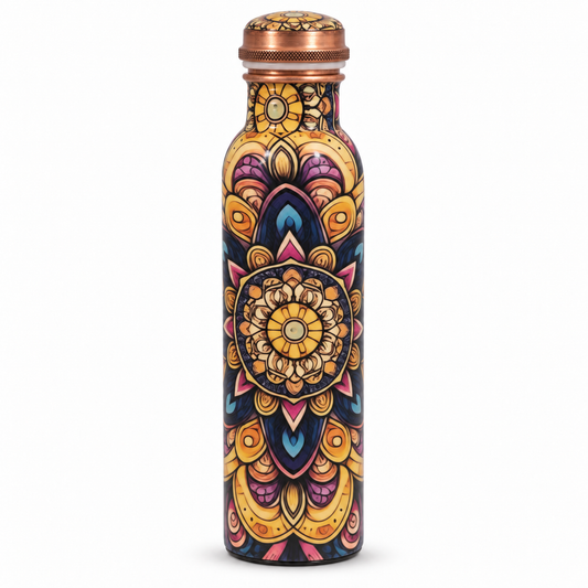 A tall stainless steel water bottle with a copper-colored screw cap, decorated with a vibrant, symmetrical mandala pattern in gold, yellow, orange, pink, and blue on a dark background.