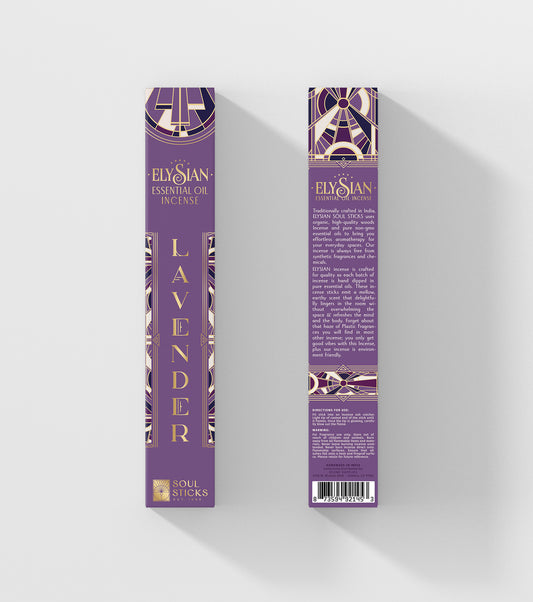 Two purple boxes of Elysian Lavender essential oil incense on a white background