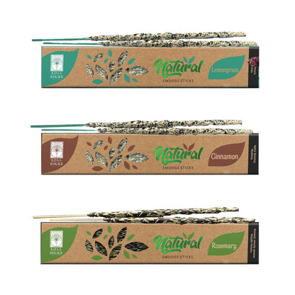 Three packages of natural smudge sticks, each labeled with a different herb name: Palo Santo, Copal, and White Sage. Each package showcases the sticks rolled in herbs at the bottom.