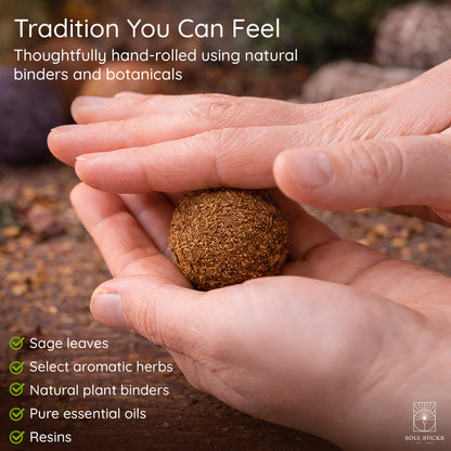 Close-up of a frankincense & myrrh smudge bomb held in hand