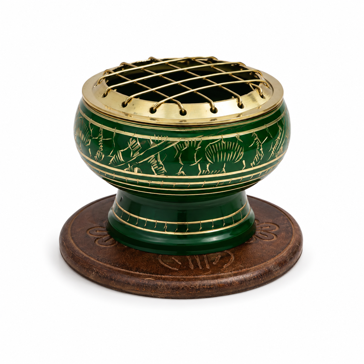 Green decorative incense burner with gold detailing and a brass screen top, displayed on an ornate round wooden coaster against a white background.