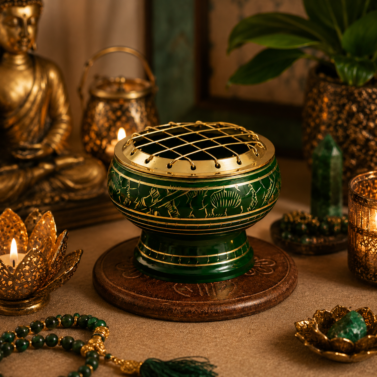 Lifestyle image of green and gold incense burner with brass screen and carved wooden coaster.