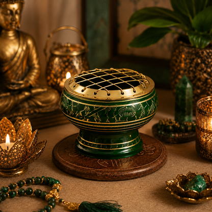 Lifestyle image of green and gold incense burner with brass screen and carved wooden coaster.