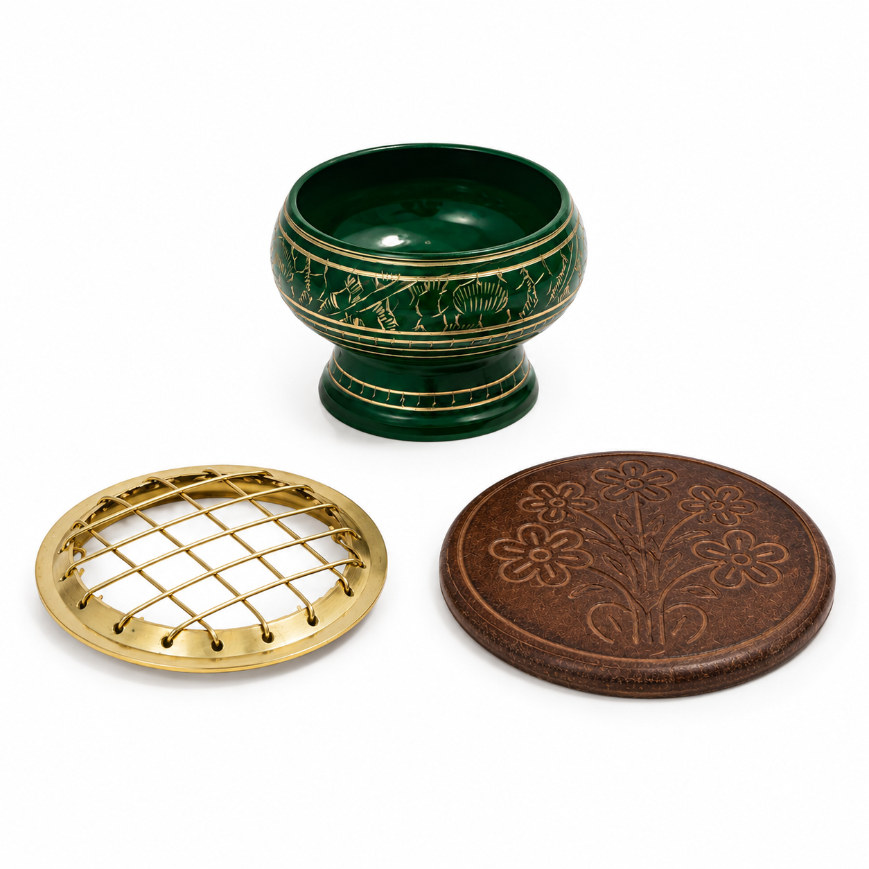 Green incense burner set with gold detailing, removable brass screen top, and round carved wooden coaster, shown as three separate pieces on a white background.