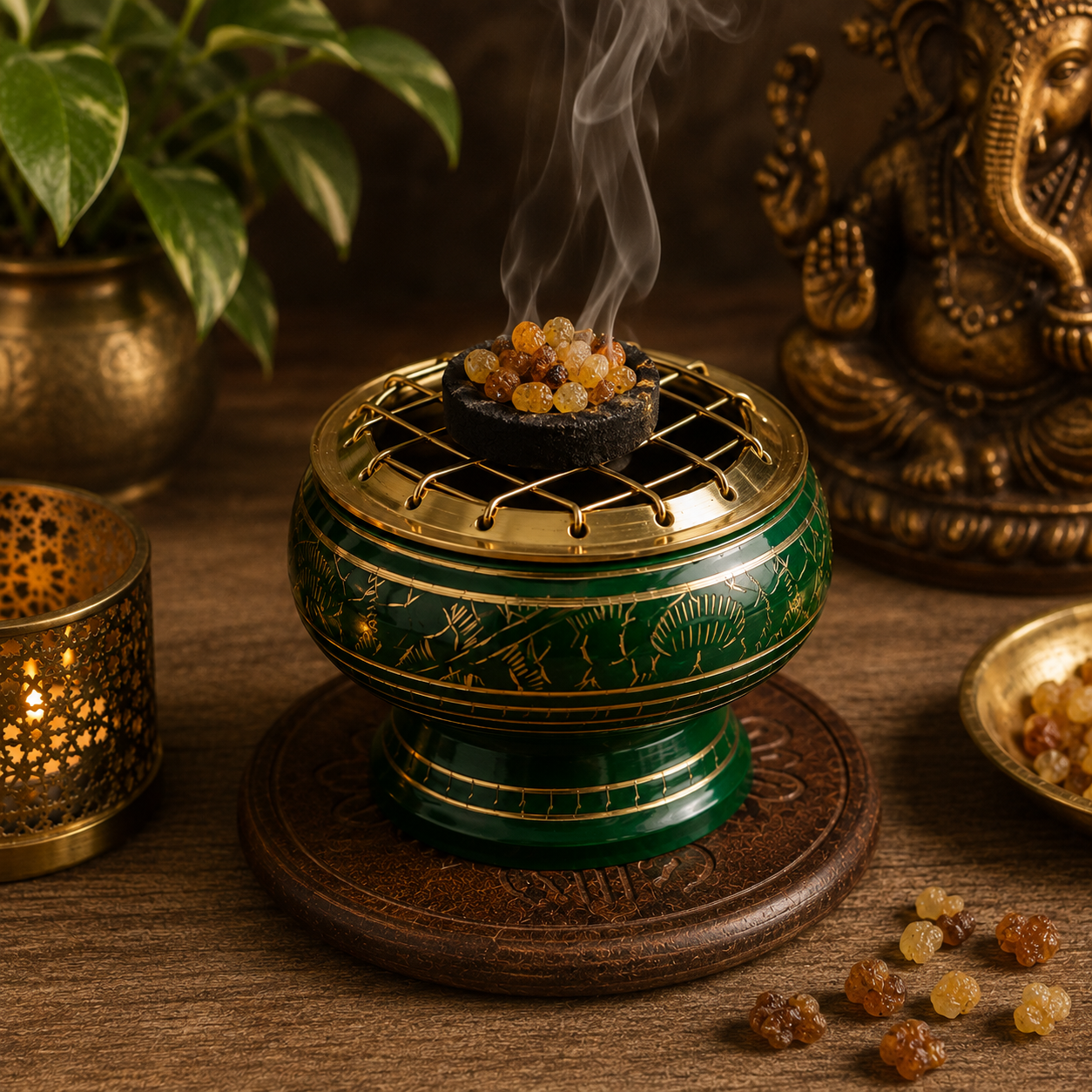 Lifestyle image of green and gold incense burner with brass screen, burning resin incense, and carved wooden coaster.
