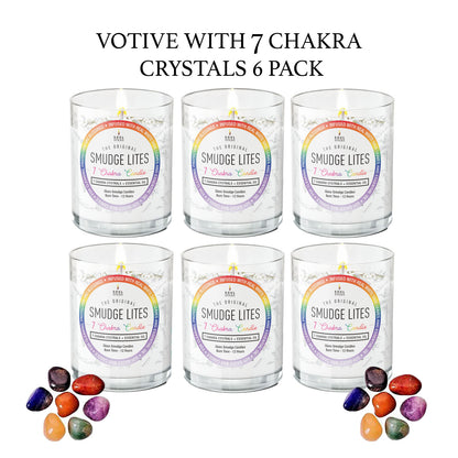 Six glass votive candles with rainbow labels and small crystals on a white background