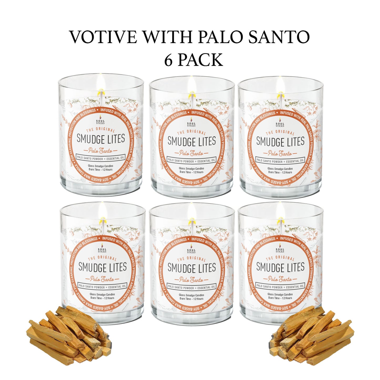 Six-pack of Smudge Lites Palo Santo candles with labels on a white background.