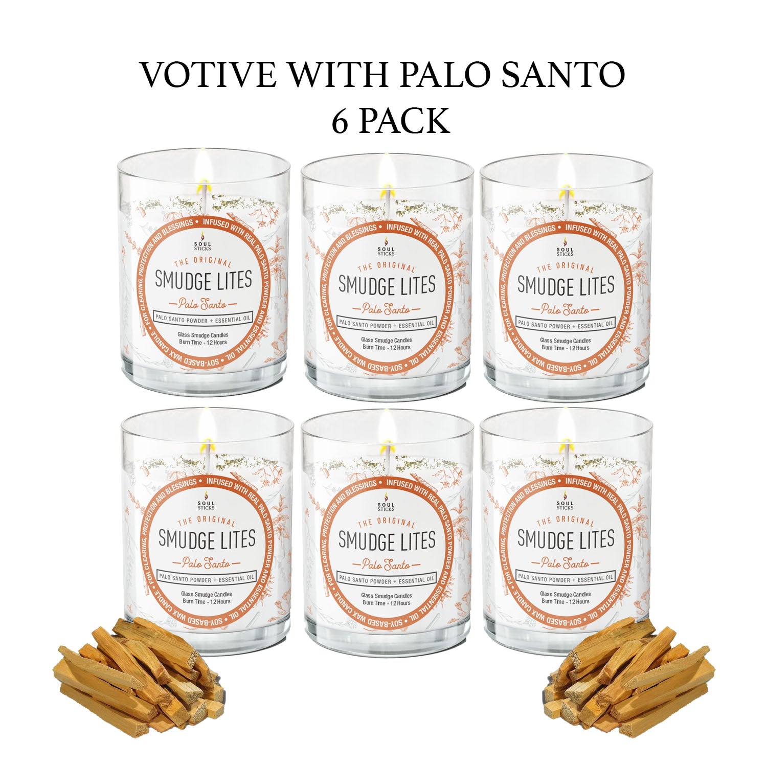 Six-pack of Smudge Lites Palo Santo candles with labels on a white background.