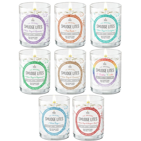 Set of eight 'Smudge Lites' candles with colorful labels on a white background