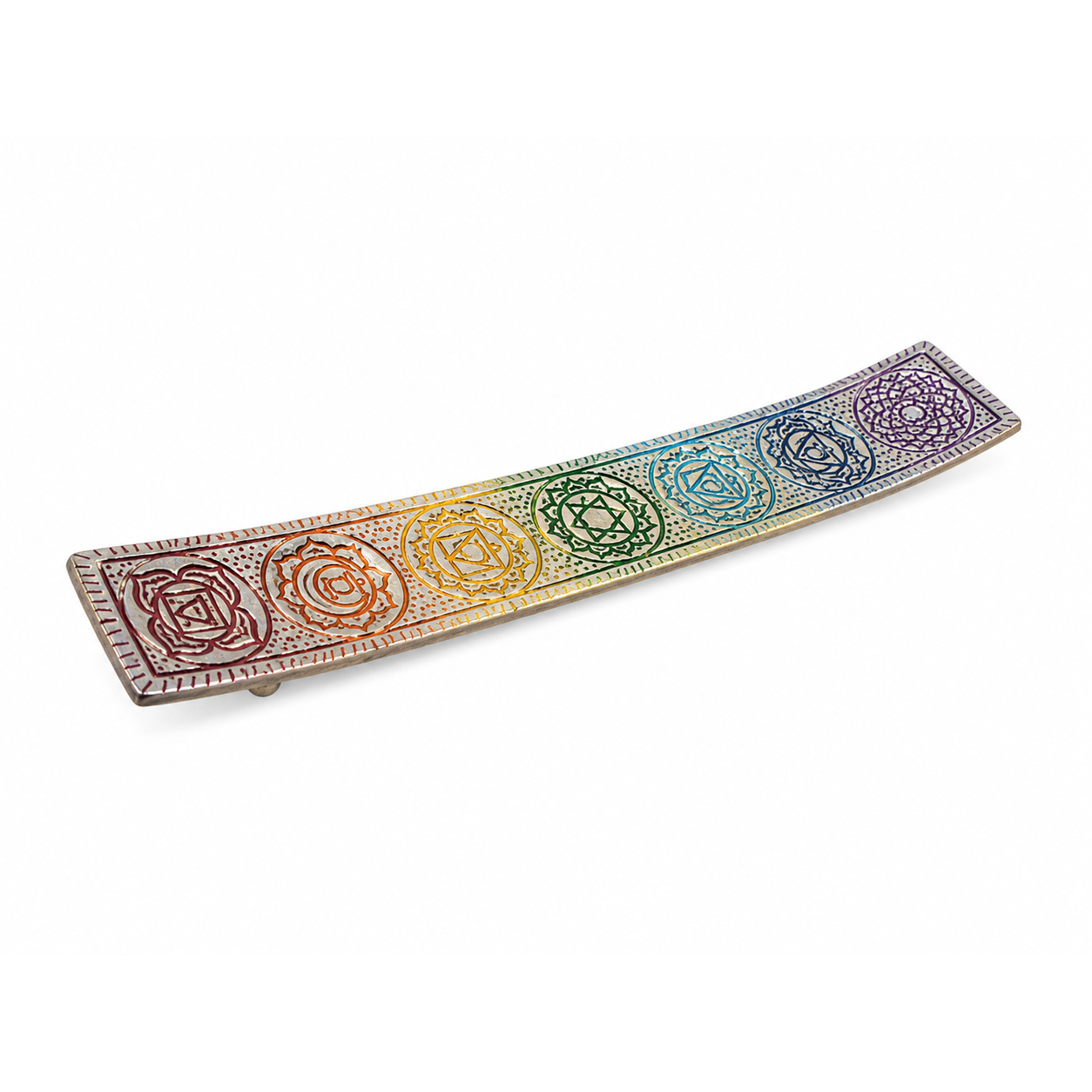 Silver-tone 7 chakra incense stick holder with seven engraved rainbow chakra symbols, shown at an angled side view to highlight the gently curved tray and raised feet on a white background.