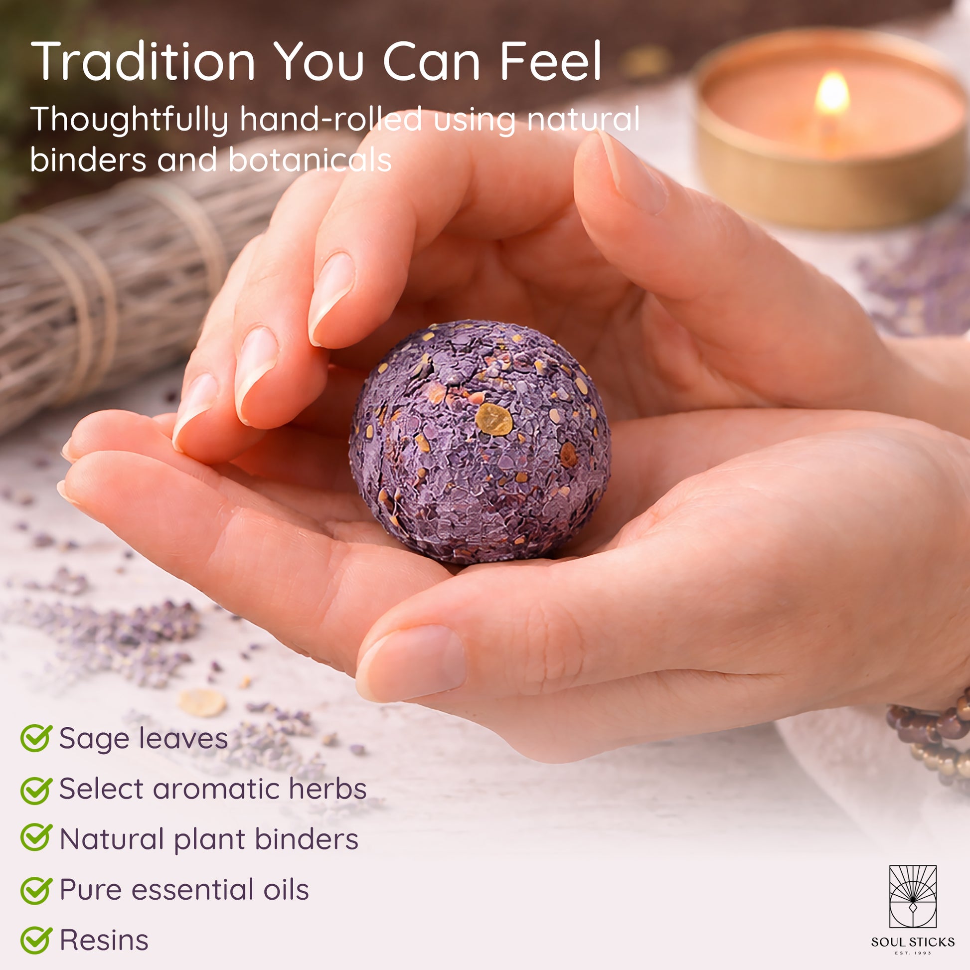 Close-up of a lavender smudge bomb held in hand