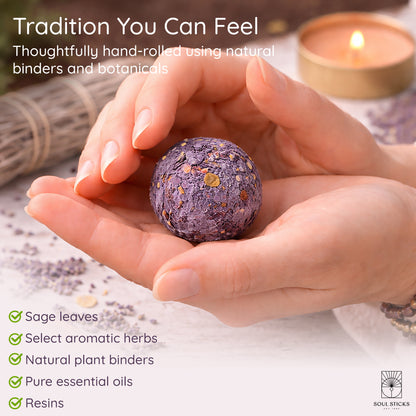 Close-up of a lavender smudge bomb held in hand