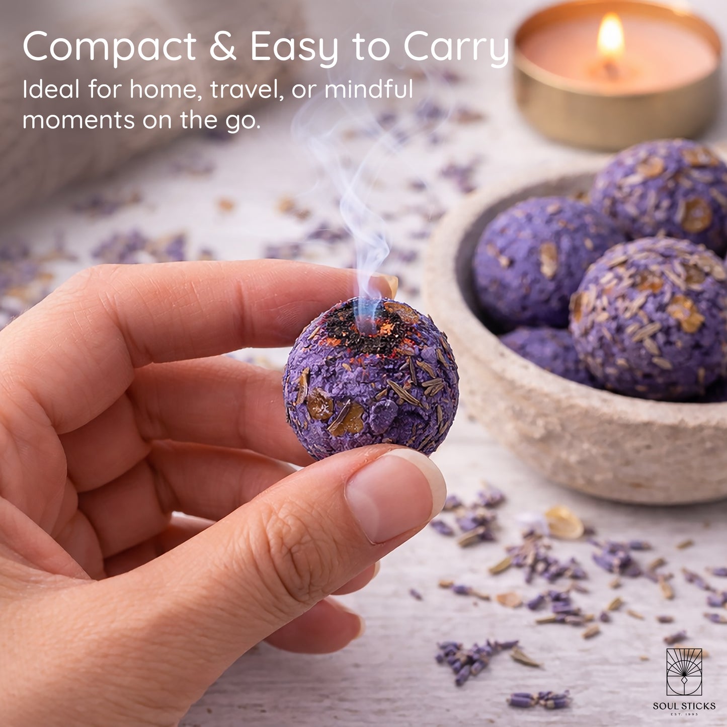 Single lavender smudge bomb with branded packaging detail