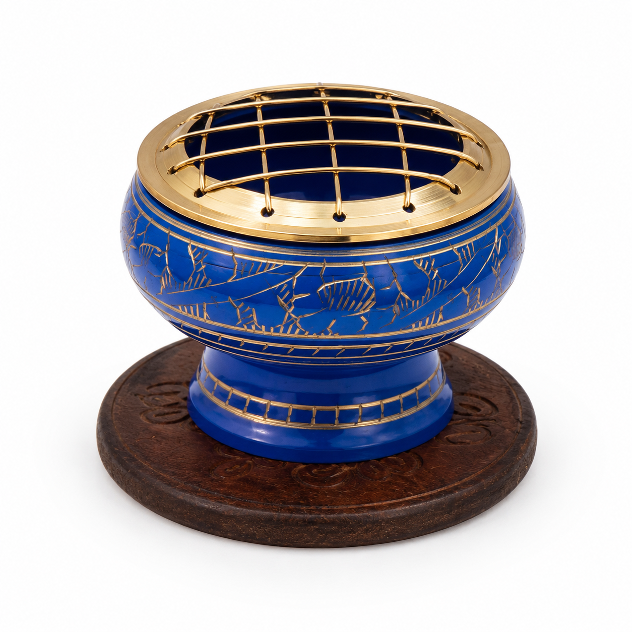 Light blue decorative incense burner with gold detailing and a brass screen top, displayed on an ornate round wooden coaster against a white background.