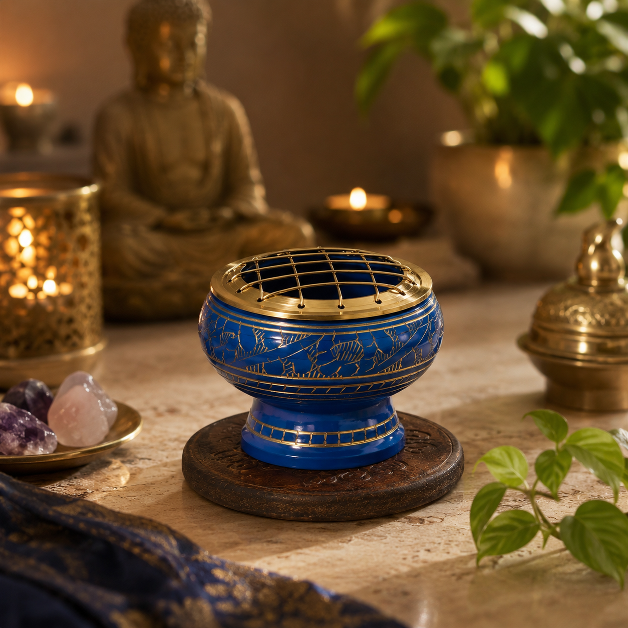 Lifestyle image of light blue and gold incense burner with brass screen and carved wooden coaster.
