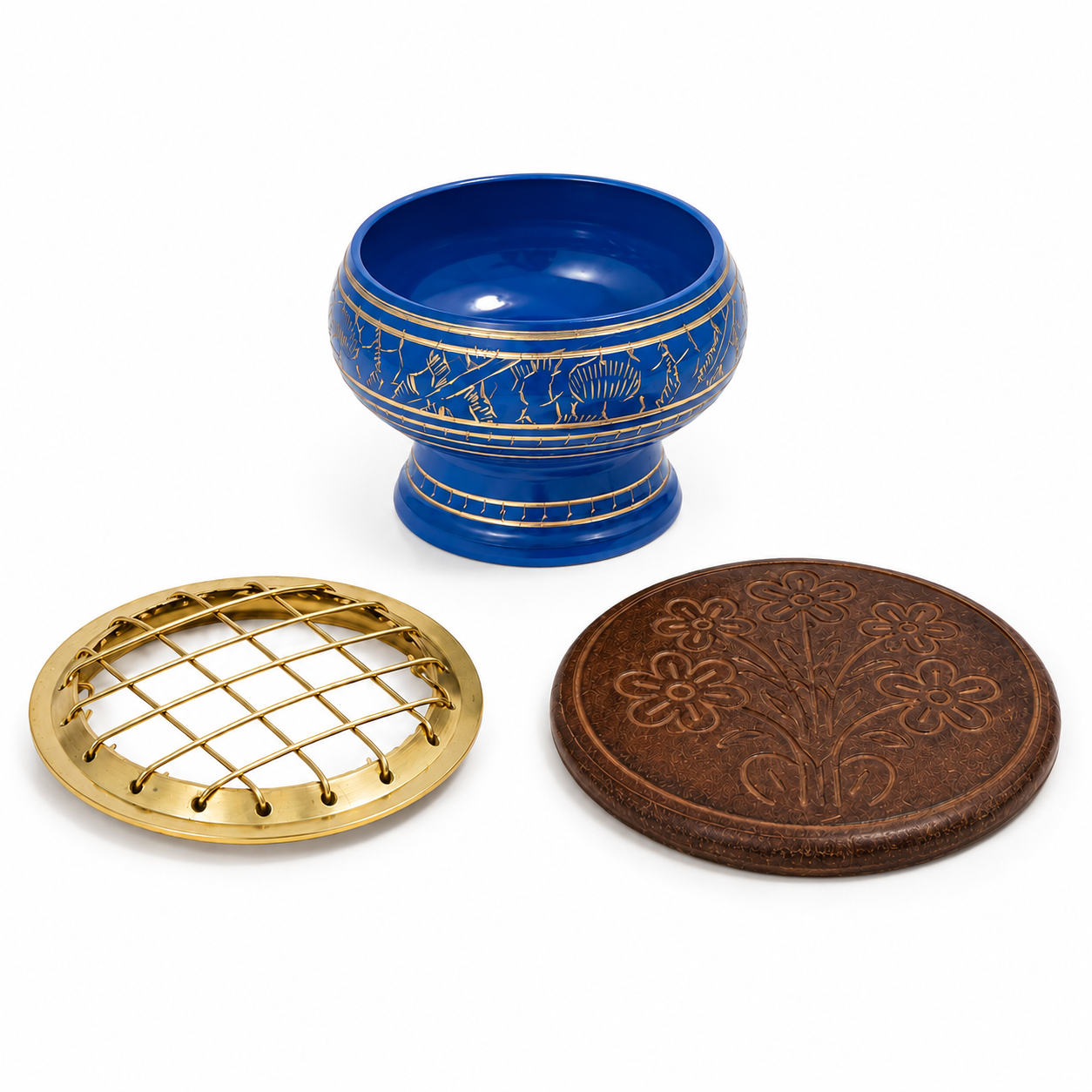 Light blue incense burner set with gold detailing, removable brass screen top, and round carved wooden coaster, shown as three separate pieces on a white background.