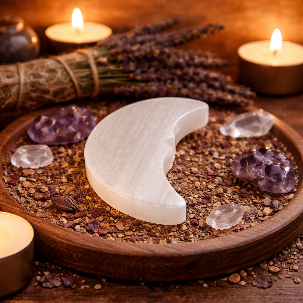 Moon Selenite Face Plate displayed on a tabletop with crystals or candles
