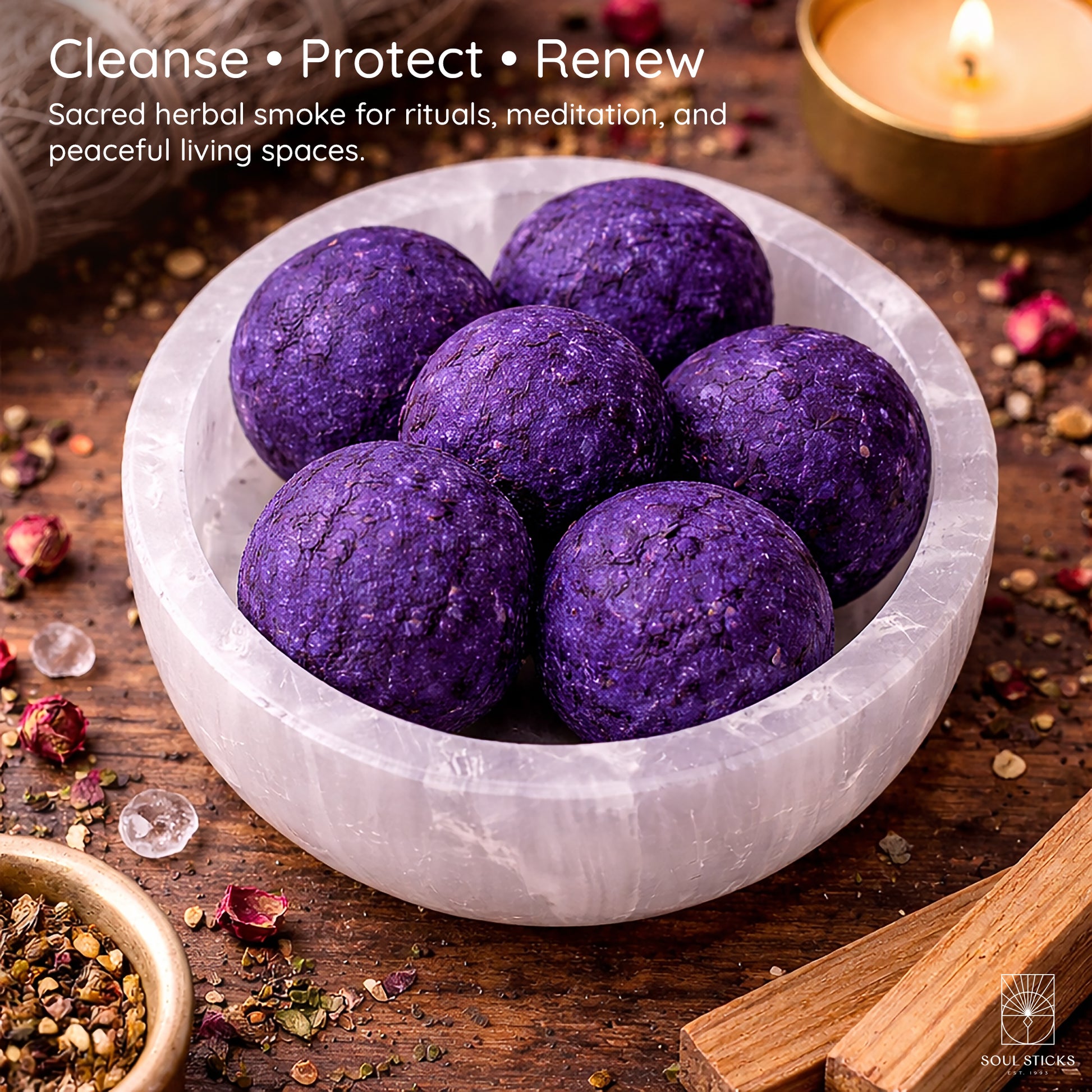 Nag Champa smudge bombs arranged in a bowl with herbs or flowers