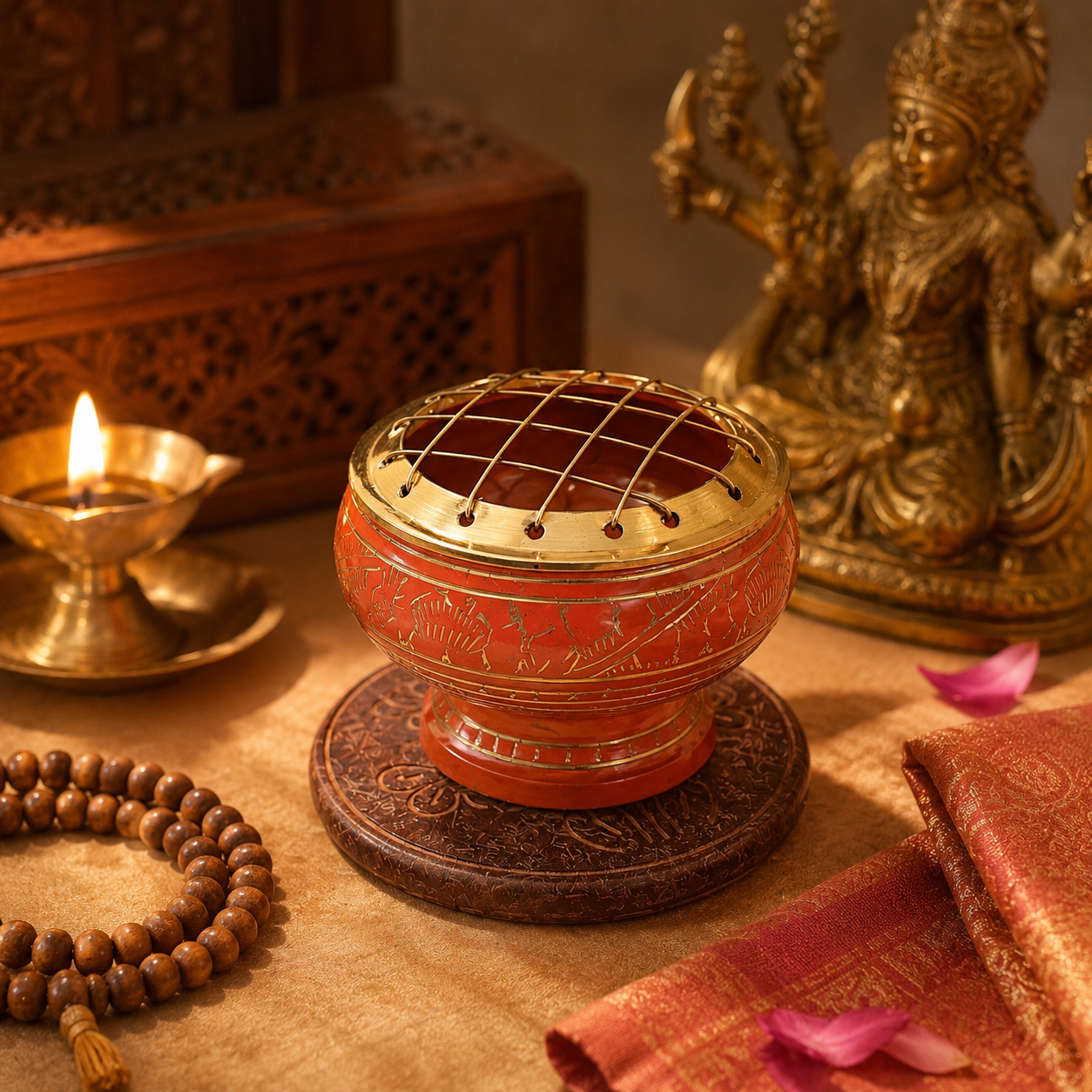 Lifestyle image of orange and gold incense burner with brass screen and carved wooden coaster.
