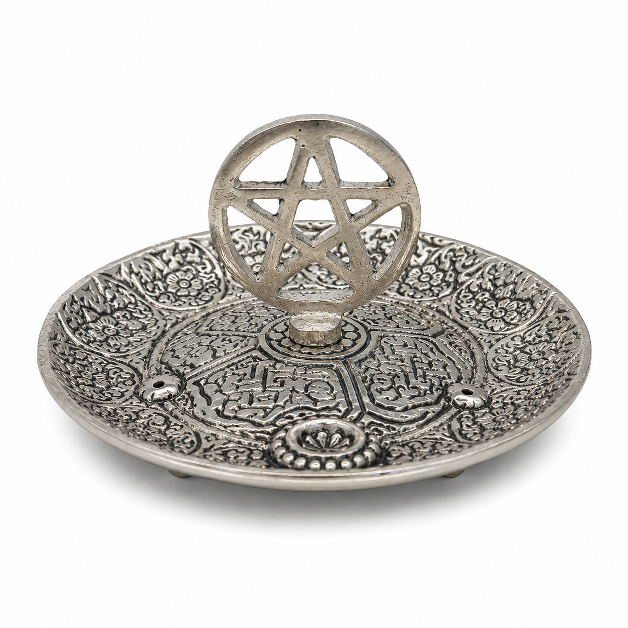 Antique silver pentacle incense holder with ornate floral engravings and a raised pentagram centerpiece on a white background.