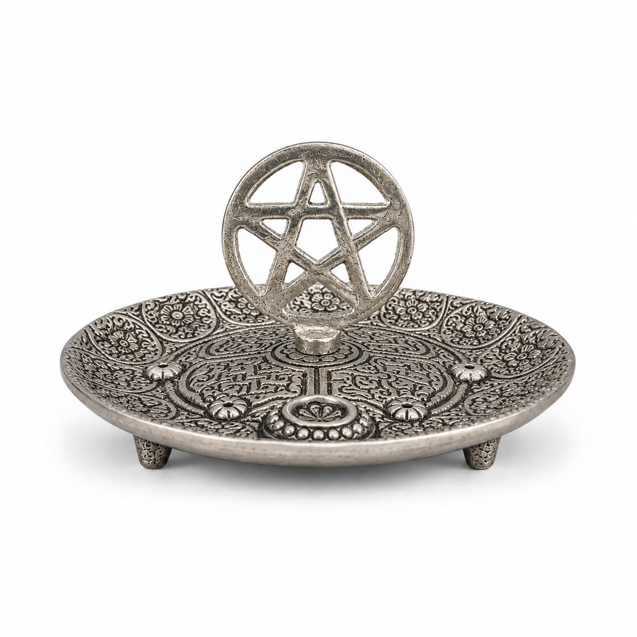 Antique silver pentagram incense holder with ornate engraved floral patterns, raised decorative details, and an upright pentacle centerpiece.