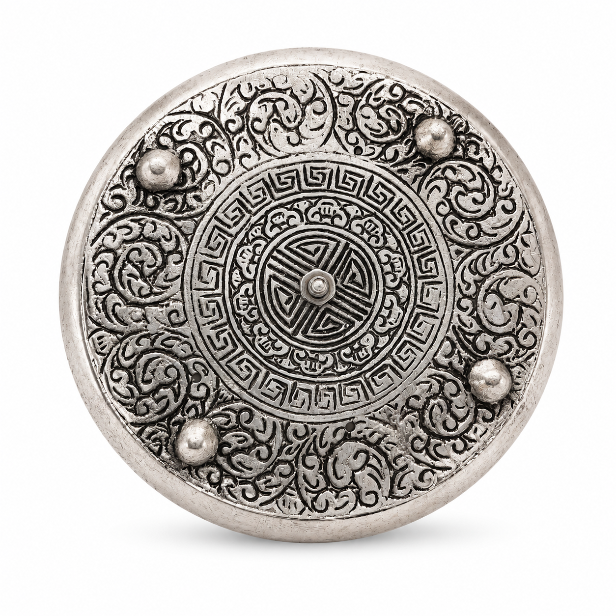 Bottom view of ornate silver pentacle incense holder featuring detailed engraved patterns and four raised feet on a white background.