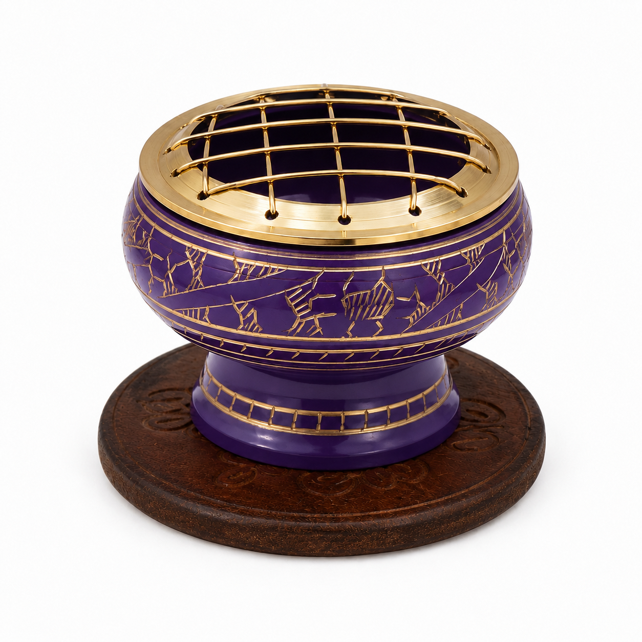 Purple decorative incense burner with gold detailing and a brass screen top, displayed on an ornate round wooden coaster against a white background.