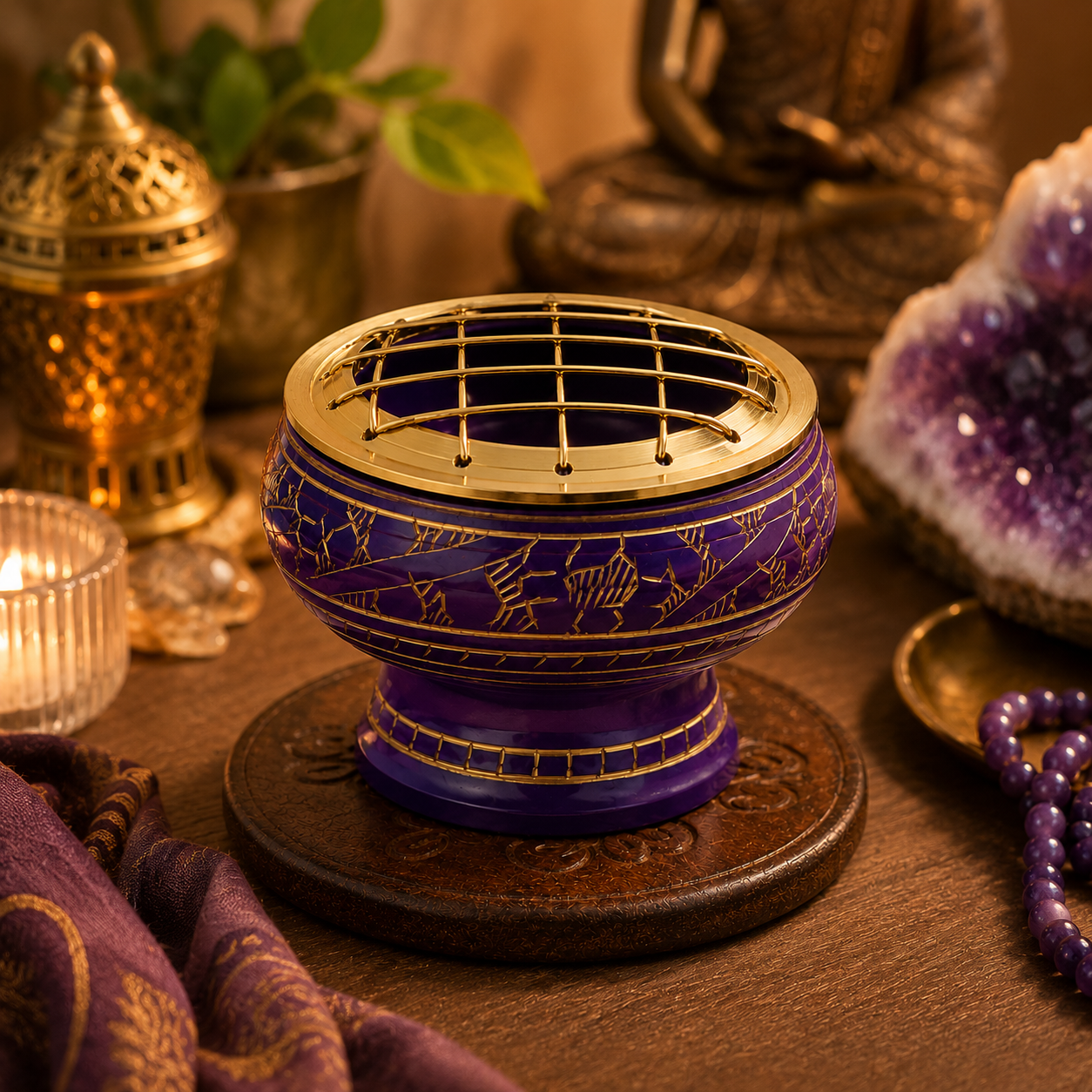 Lifestyle image of purple and gold incense burner with brass screen and carved wooden coaster.