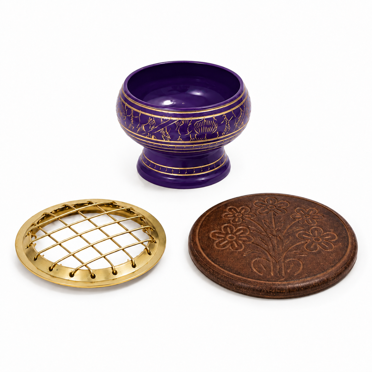 Purple incense burner set with gold detailing, removable brass screen top, and round carved wooden coaster, shown as three separate pieces on a white background.
