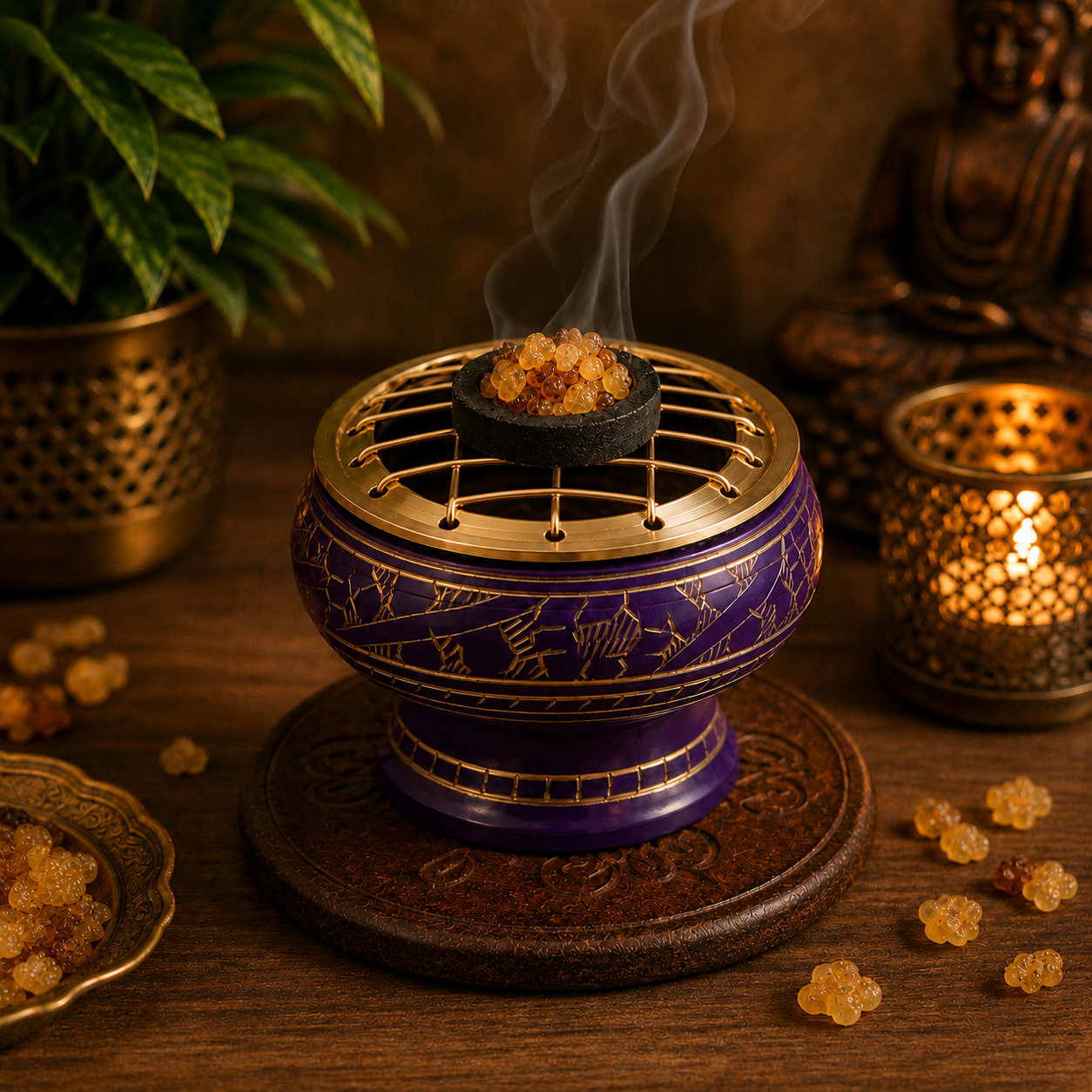 Lifestyle image of purple and gold incense burner with brass screen, burning resin incense, and carved wooden coaster.