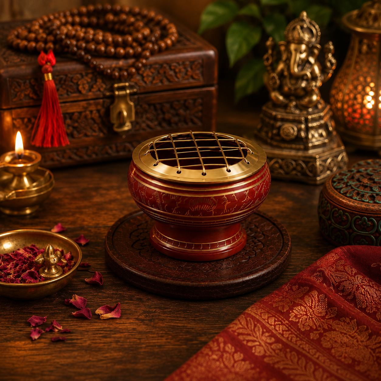 Lifestyle image of red and gold incense burner with brass screen and carved wooden coaster.