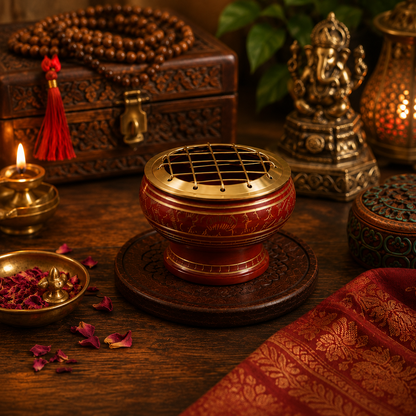 Lifestyle image of red and gold incense burner with brass screen and carved wooden coaster.