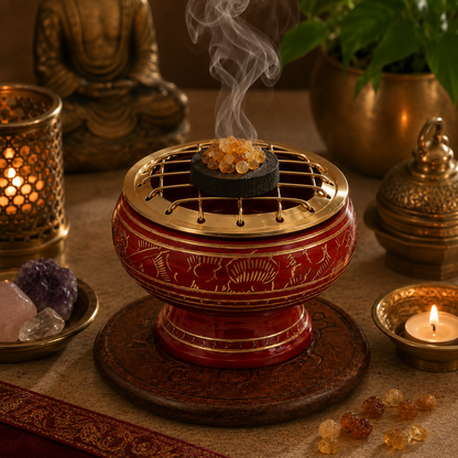 Lifestyle image of red and gold incense burner with brass screen, burning resin incense, and carved wooden coaster.