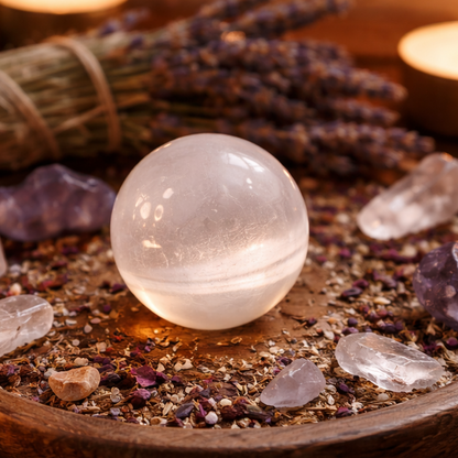 Selenite Sphere resting on a tabletop